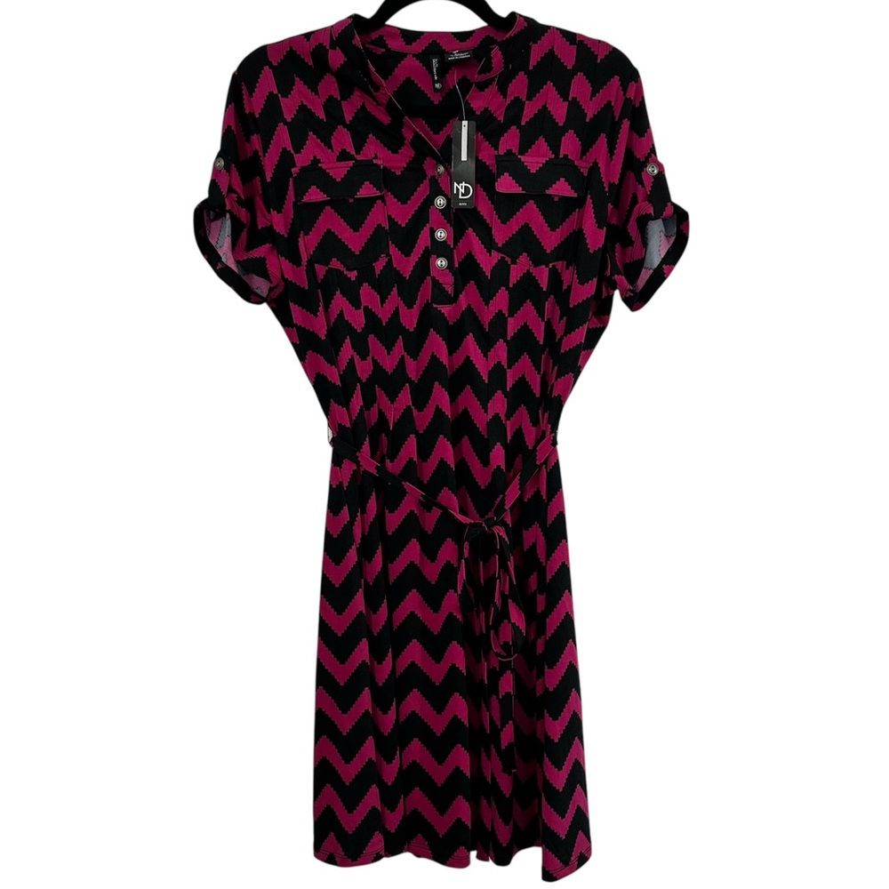 NWT! NEW DIRECTIONS Women’s Petite Chevron Shirt Dress Bold Pink & Black PXL‎